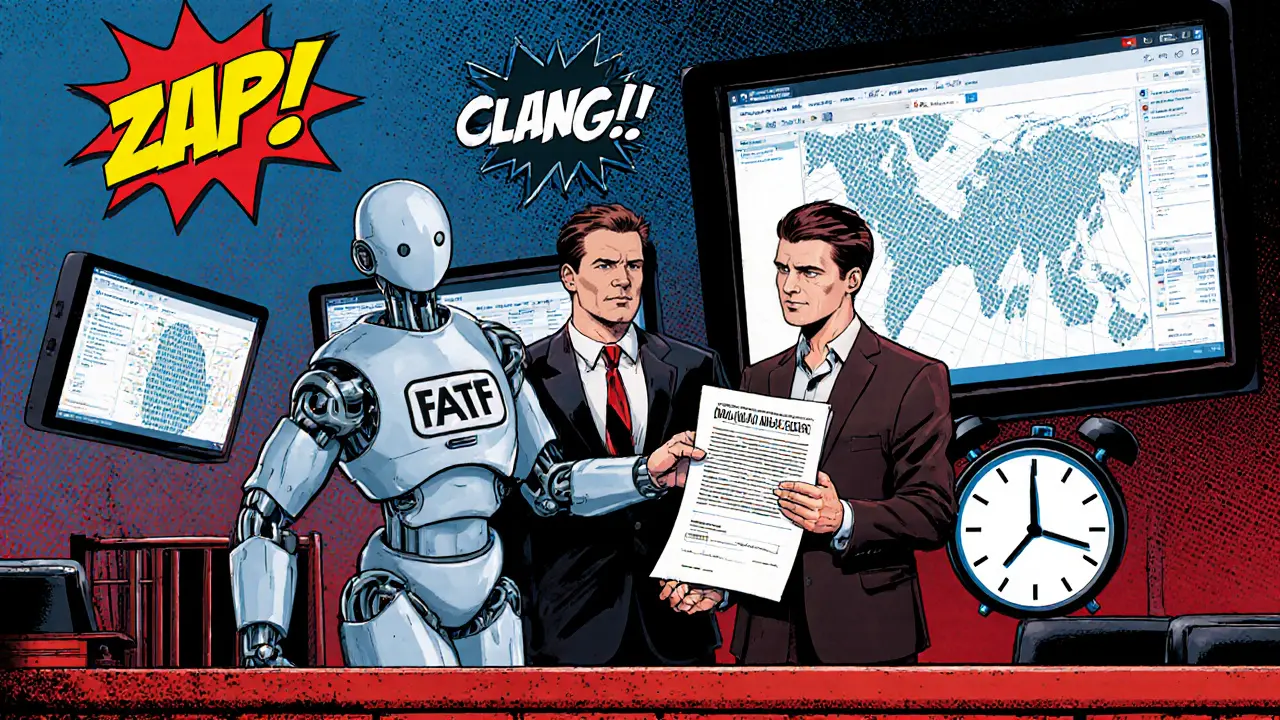 A defendant in court facing robotic regulators, with blockchain maps and seized crypto wallets floating in the background.