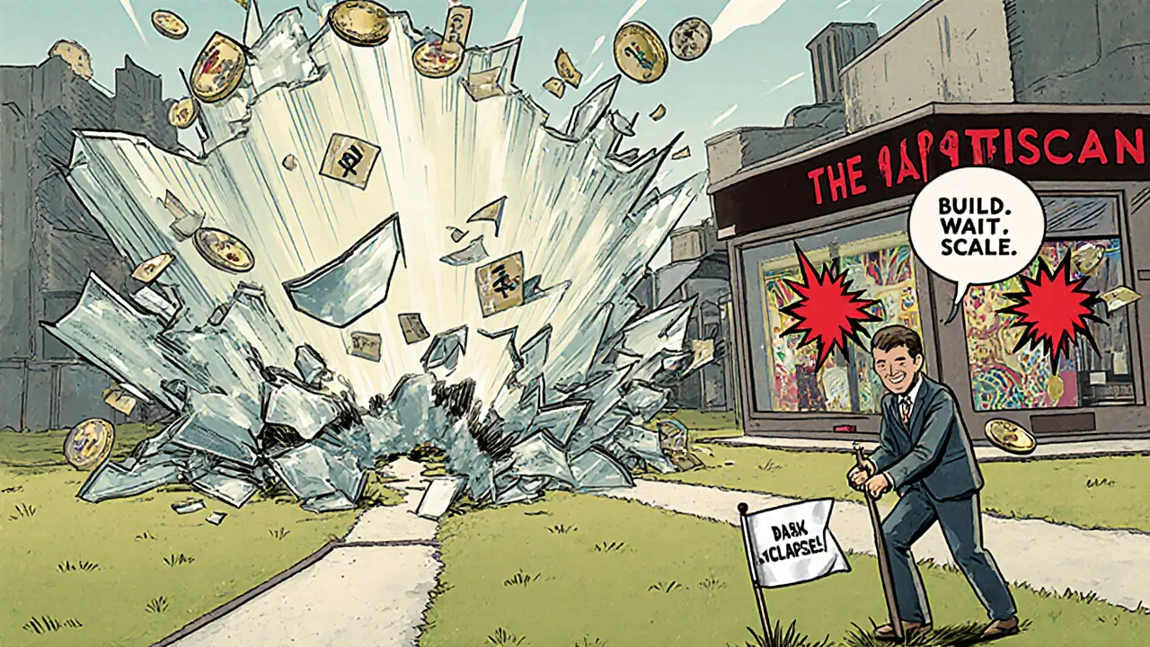 A digital land plot shattering as investors panic, while one calm investor plants a flag on a stable, developing parcel.