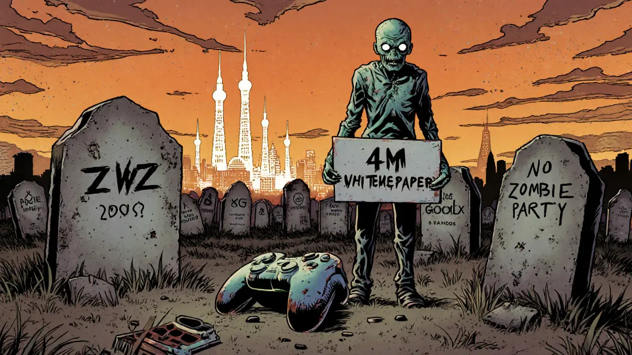 A graveyard of failed crypto projects with a lonely zombie holding a sign marked &#039;4M Signups&#039;.