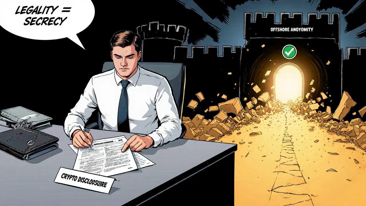 A man filing crypto tax forms as a crumbling &#039;offshore anonymity&#039; fortress collapses behind him.