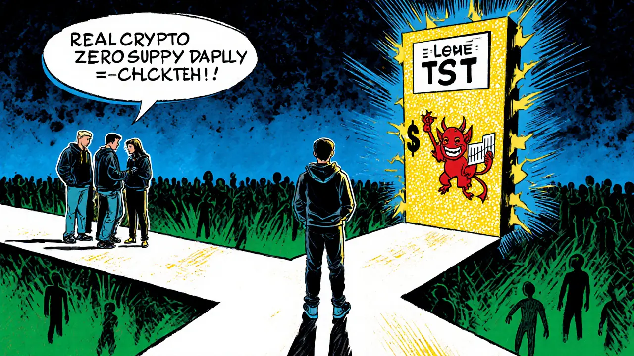 A new investor at a crossroads choosing between real crypto and a trap labeled &#039;TST&#039; with a devilish figure.