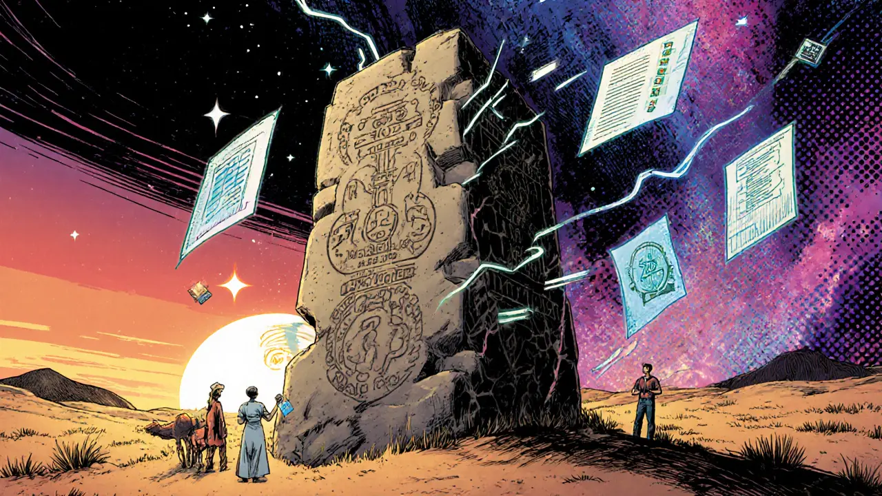 A stone server node in a desert receiving data uploads, with holographic AI3 proofs glowing above.