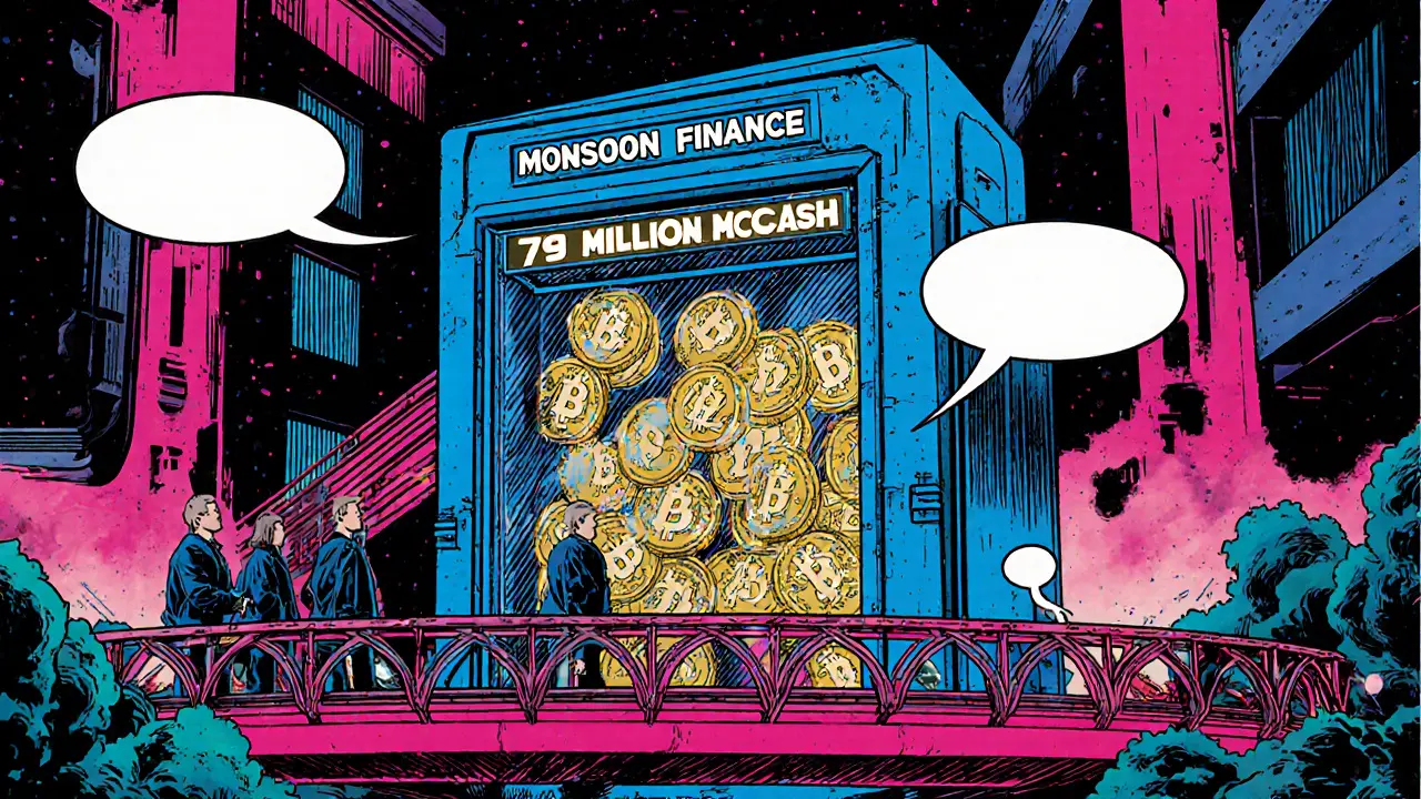 A vault holding locked MCASH tokens with a few users quietly using the privacy bridge in the foreground.