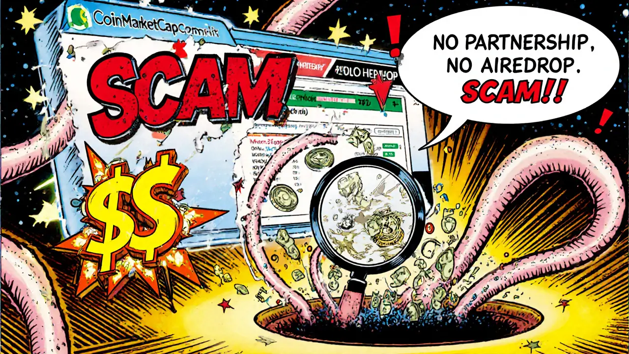 A wallet being drained by tentacles from a fake CoinMarketCap pop-up, with a magnifying glass revealing &#039;NO PARTNERSHIP. NO AIREDROP. SCAM.&#039;