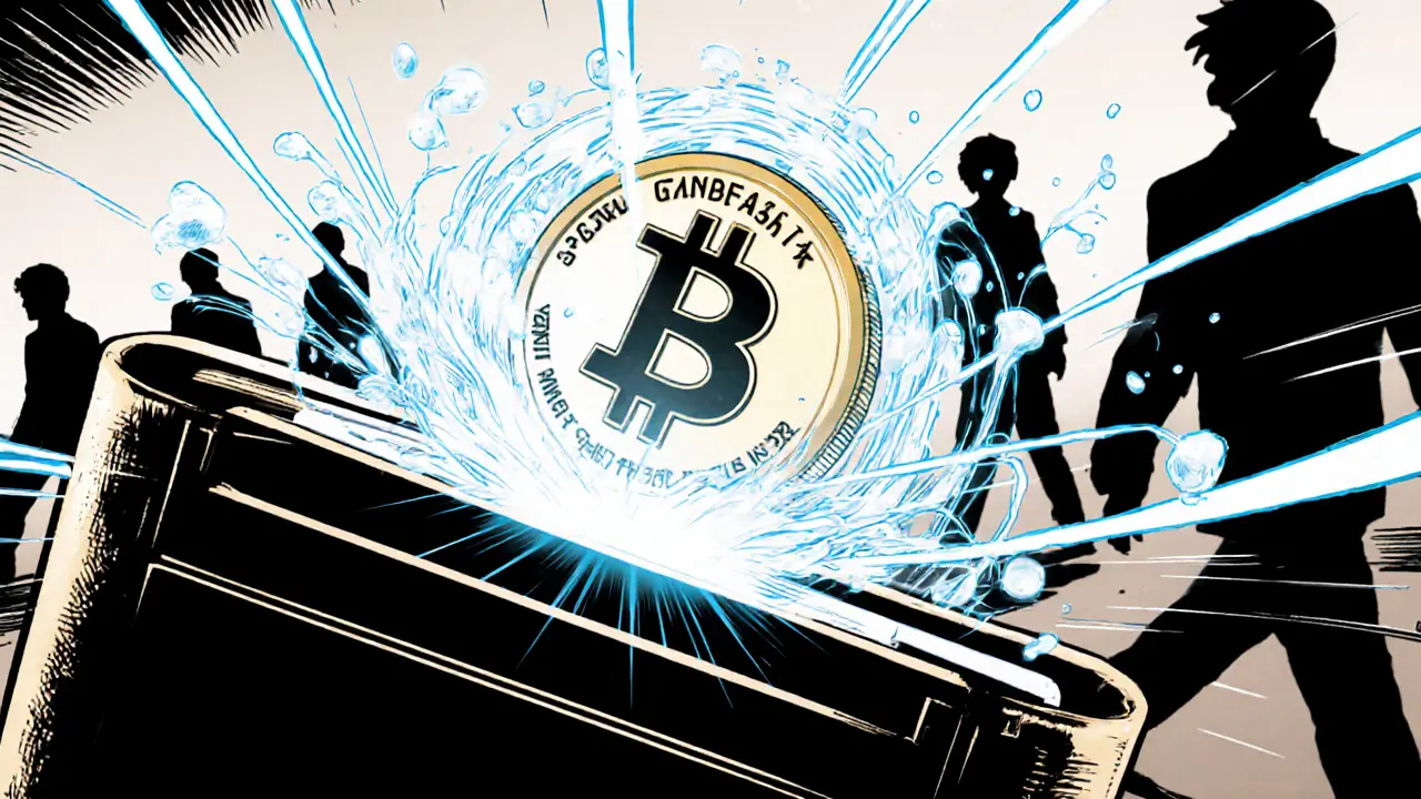 A wallet interface showing a single MCASH token appearing after a private transaction with invisible proof particles swirling nearby.