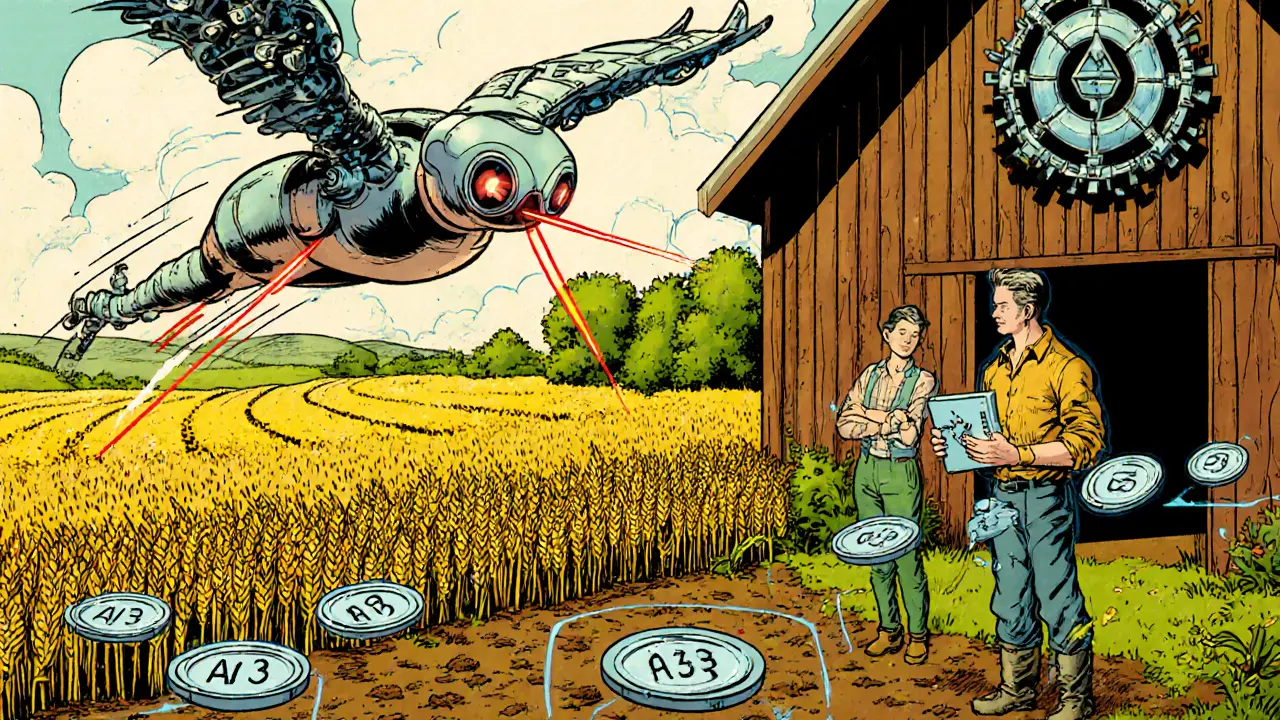 An AI agent scanning crops on a farm while AI3 tokens pay for irrigation in vibrant pop art style.