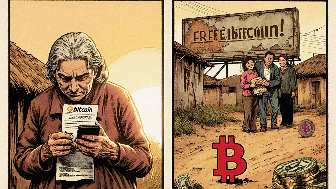 An elderly woman in rural El Salvador stares at a useless Bitcoin bonus receipt while a money agent hands cash to a family.