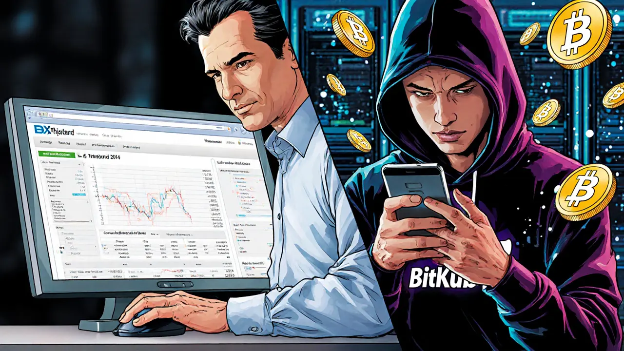 Contrasting Thai traders: one using old BX website, another using modern app with swirling coins in comic book style.