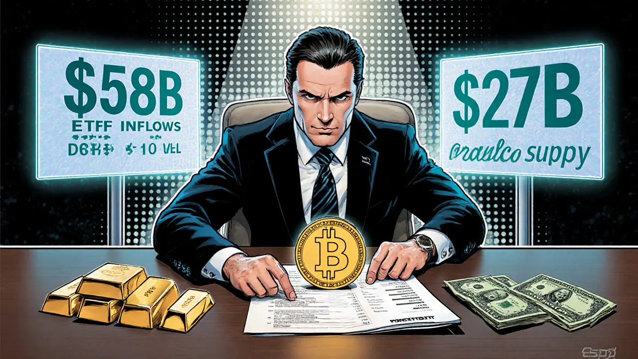 Corporate CEO placing Bitcoin on balance sheet alongside gold and Treasury bills, digital asset metrics glowing in background.