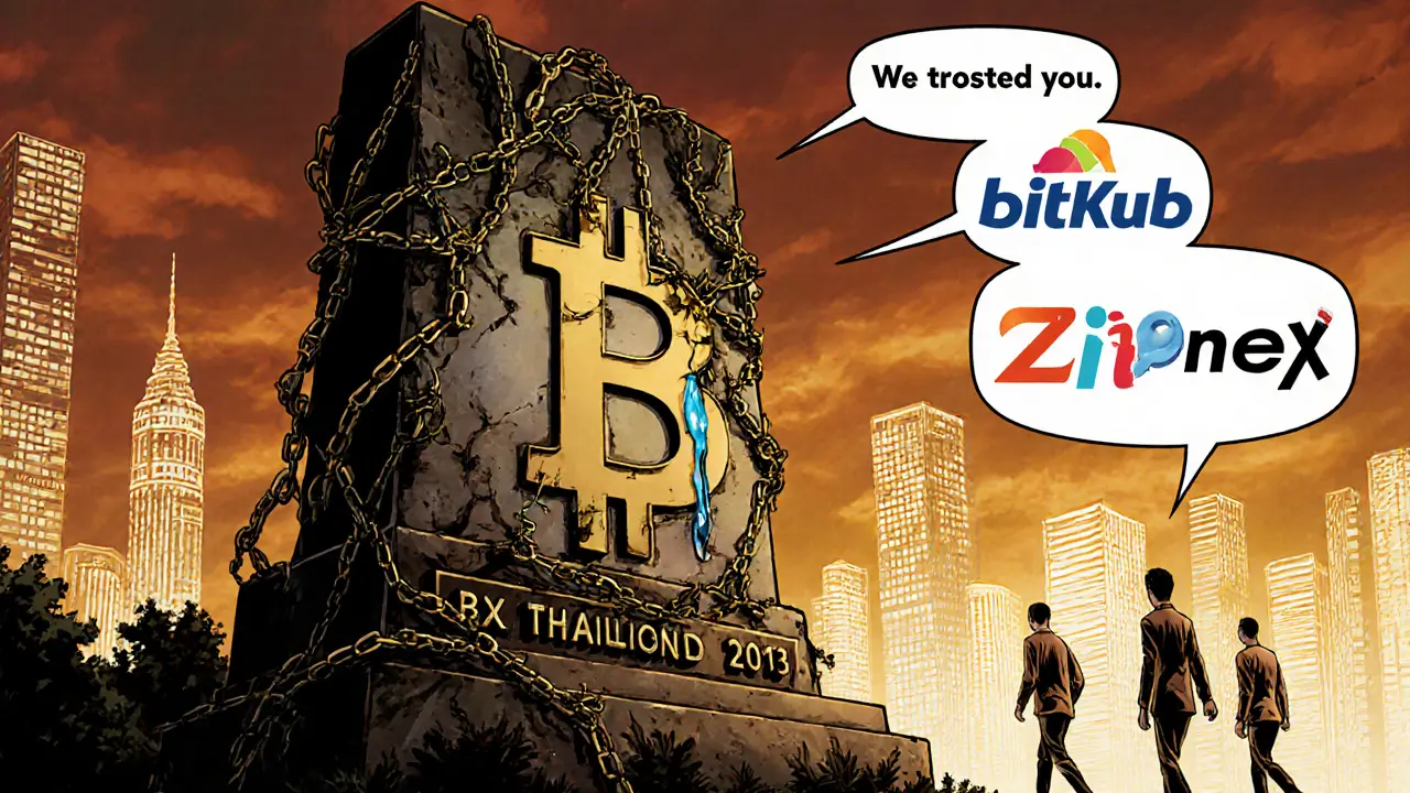 Crumbling Bitcoin monument labeled BX Thailand as users walk toward modern exchanges, binary code tear falling.