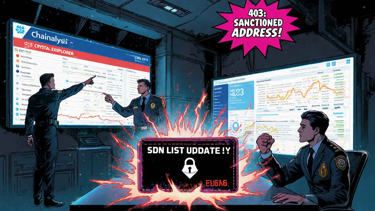 Crypto compliance team monitoring real-time sanctions dashboards with holographic alerts in a high-tech war room.