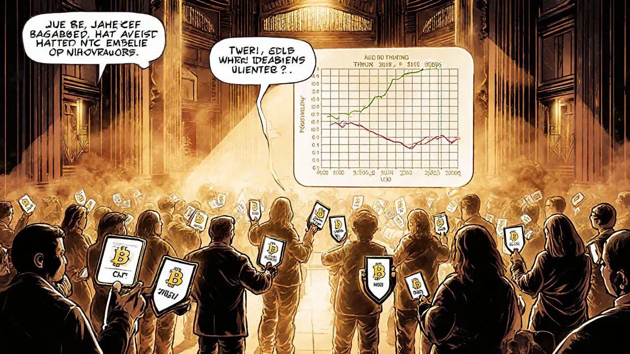 DeFi community voting on protocol upgrades with floating NFT liquidity cards