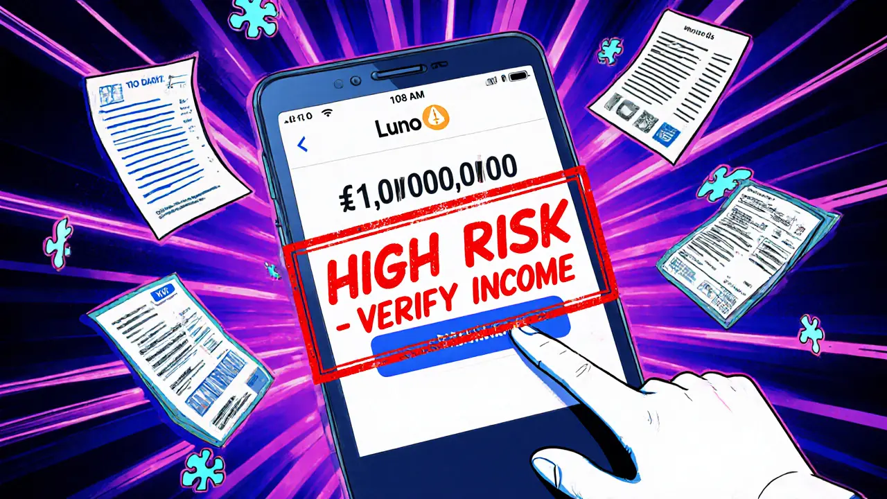 Digital bank app shows large crypto withdrawal with red warning stamp and floating documents.