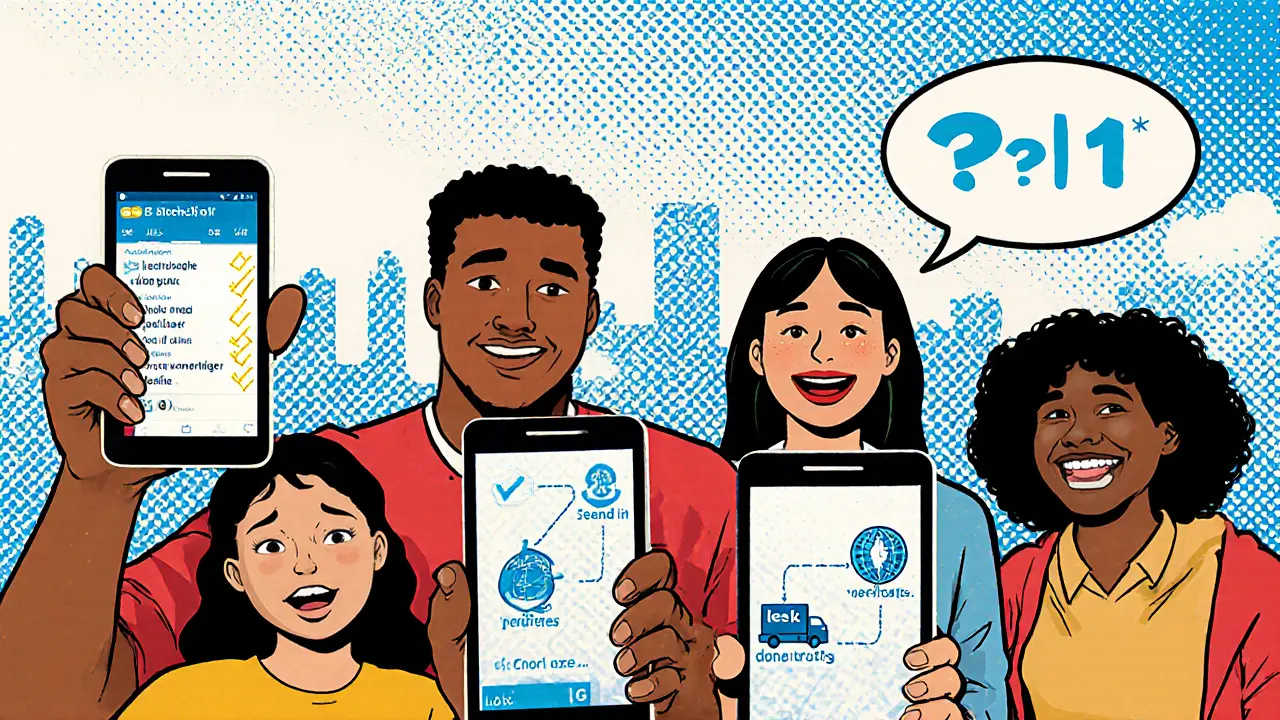 Diverse donors view smartphone blockchain trackers showing their contributions reaching schools, medicine, and volunteers worldwide.