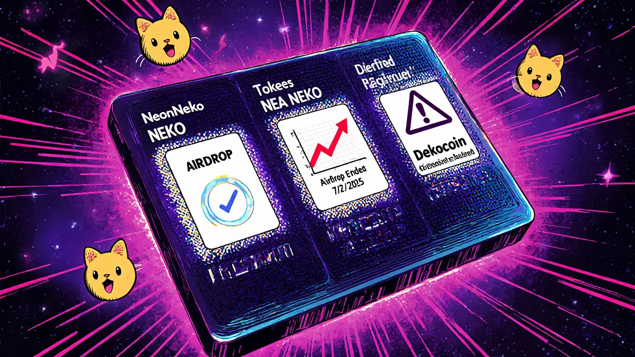 Floating blockchain ledger showing three NEKO tokens with contrasting statuses: ended, crashed, and deposit-required.