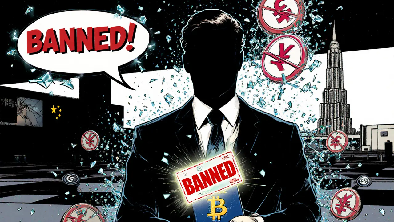 Foreigner at airport with banned passport as crypto symbols shatter around them.