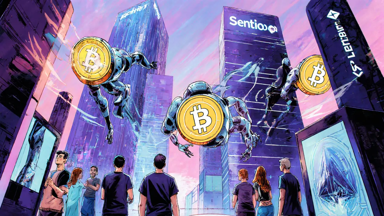 Futuristic city with AI agents trading on blockchain towers, powered by SEN tokens.