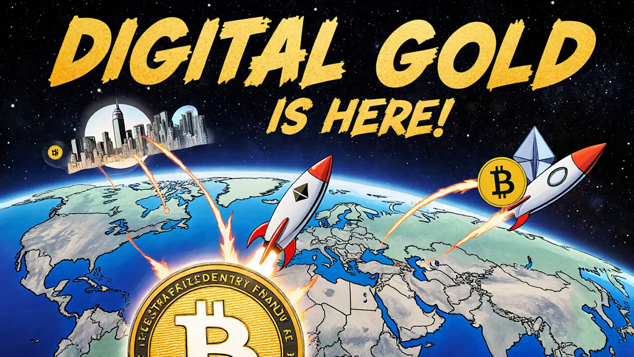 Global map with crypto pathways connecting major cities, institutional icons launching tokenized assets into space, Strategic Bitcoin Reserve shield prominent.
