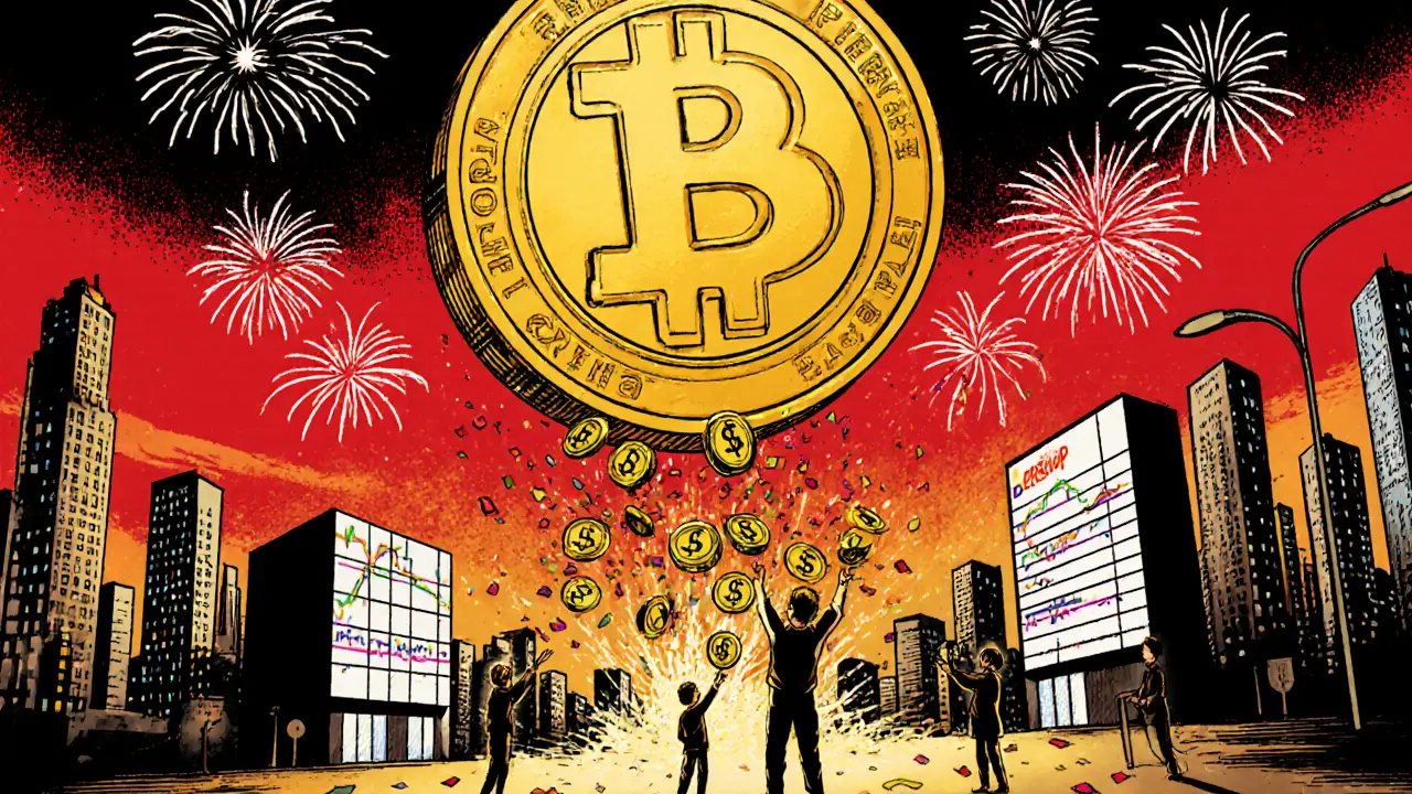 Golden SAKE token rising over DeFi city with SakePerp, SakeSwap, and Sake Finance buildings, buyback vortex burning fees.