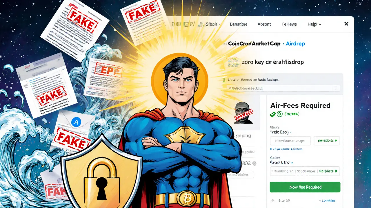 Heroic figure blocking fake airdrop scams with a shield, while official site shows zero listings.