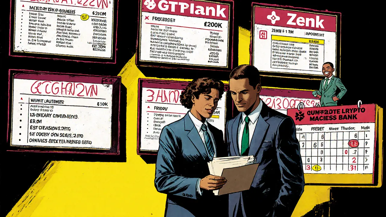 Lawyer hands file to bank manager as monitors display frozen accounts and withdrawal limits.