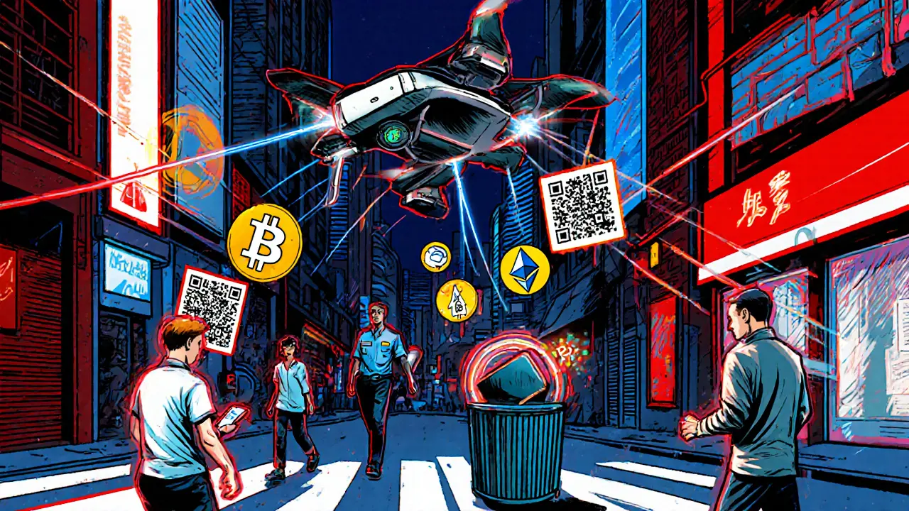 Police drone scans phones revealing hidden crypto symbols on city streets at night.