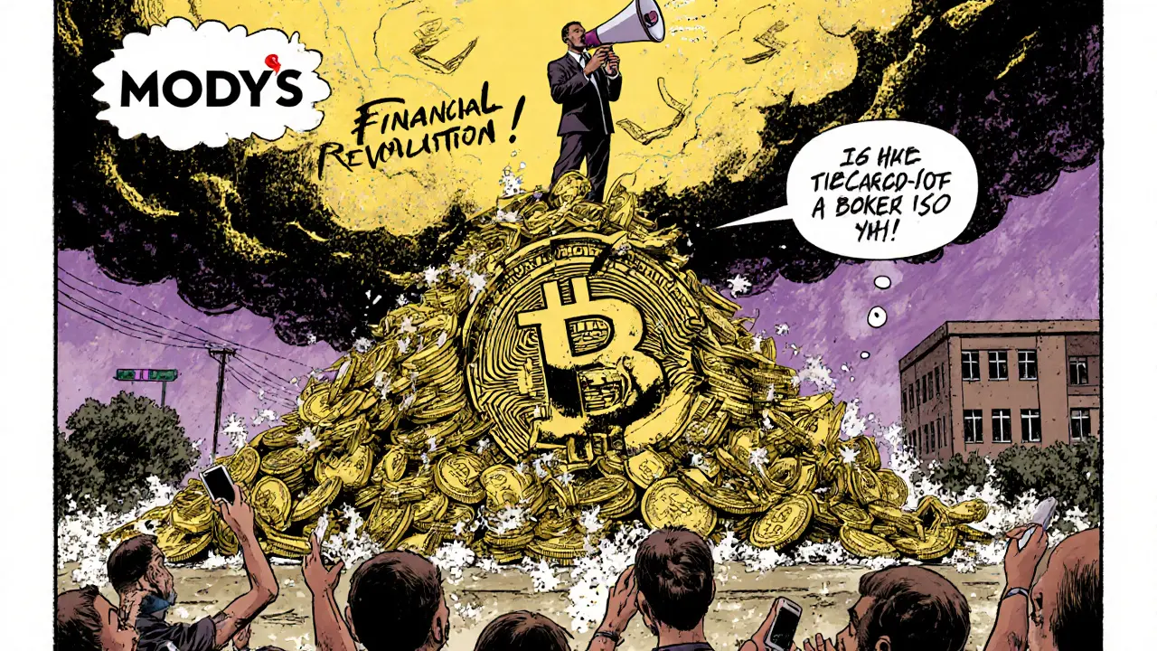 President Bukele atop a crumbling Bitcoin pyramid as citizens struggle and financial agencies loom overhead.