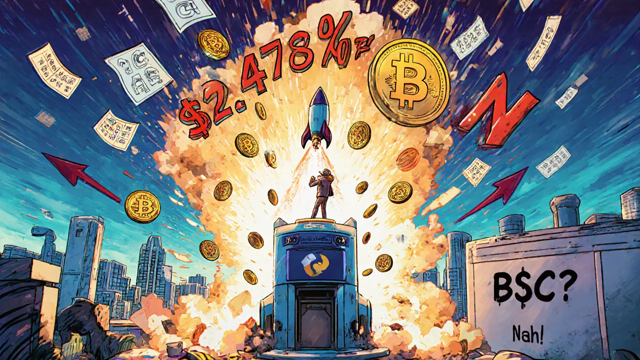 Retail trader launching a meme coin trade with CAKE tokens raining down and APY explosion in background.