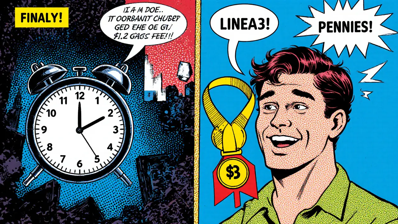 Side-by-side comic panel: frustrated Ethereum user vs. happy Linea trader with tiny gas fees.