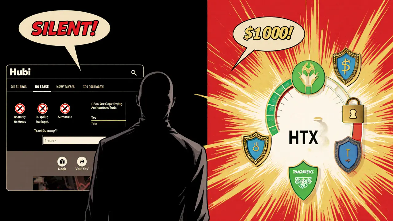 Silent Hubi website vs glowing HTX with security features in comic book art