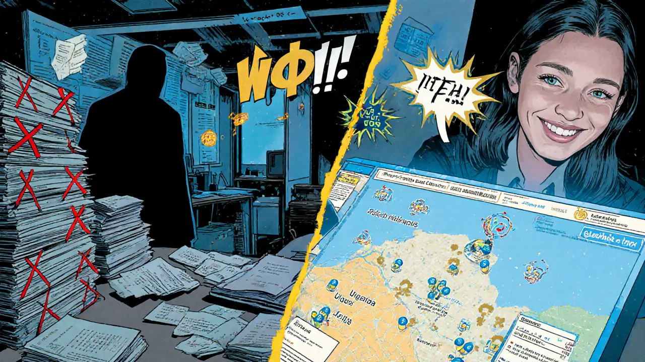 Split comic panel: chaotic paper records vs. clean digital blockchain tracking of solar lamps reaching Ugandan villages.