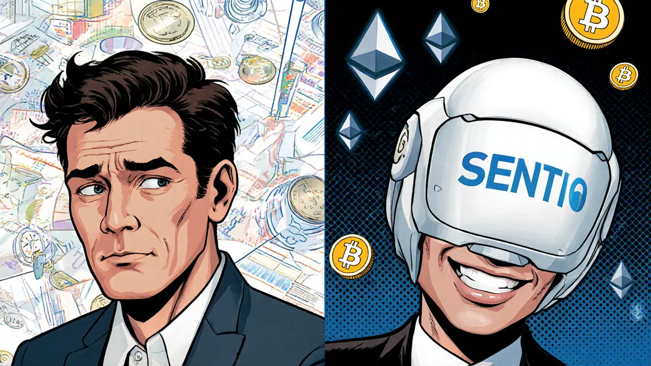 Split scene: confused person vs. happy user with AI optimizing DeFi yields automatically.