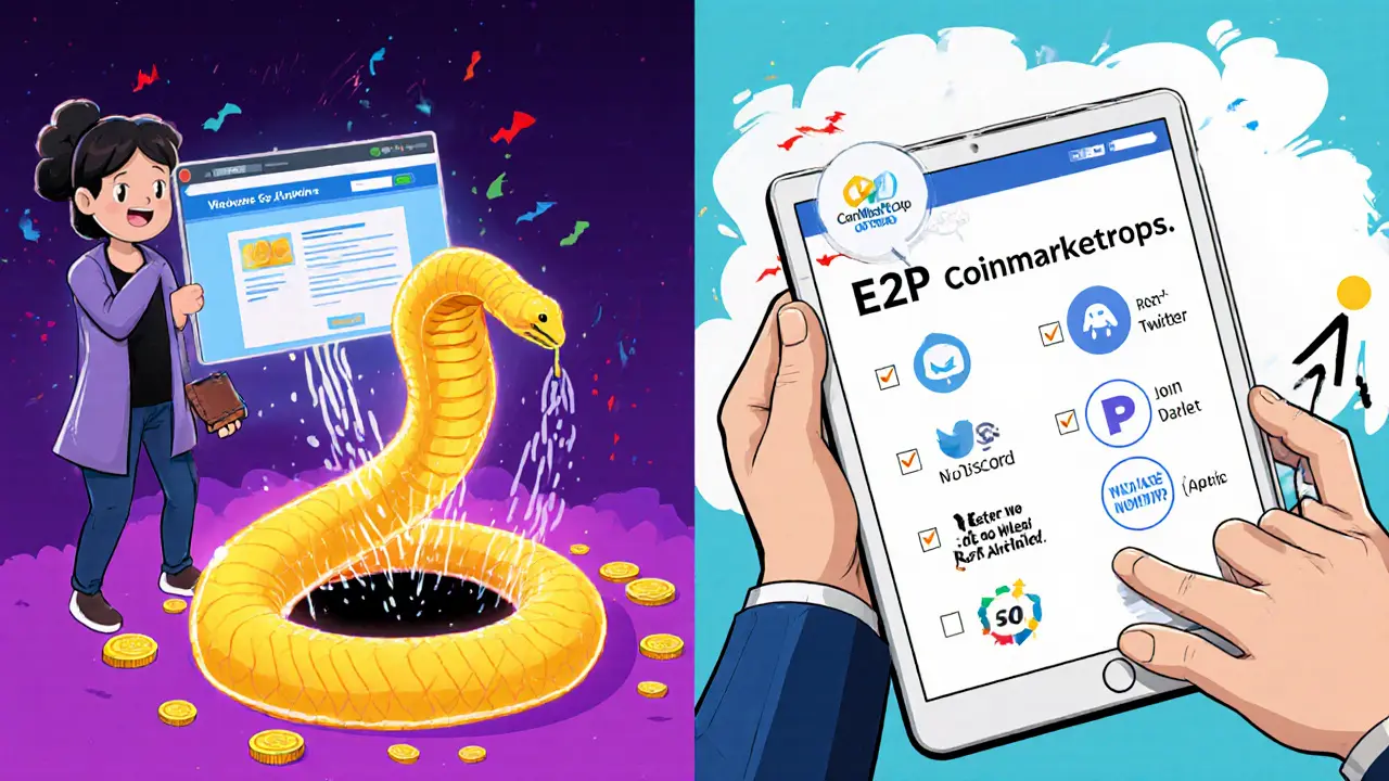 Split scene: left shows wallet draining to a scam site, right shows safe airdrop checklist on official platform.