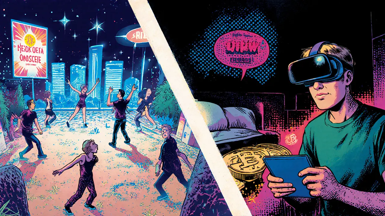 Split scene: person in VR headset experiencing a virtual nightclub while in their real bedroom checking crypto prices.