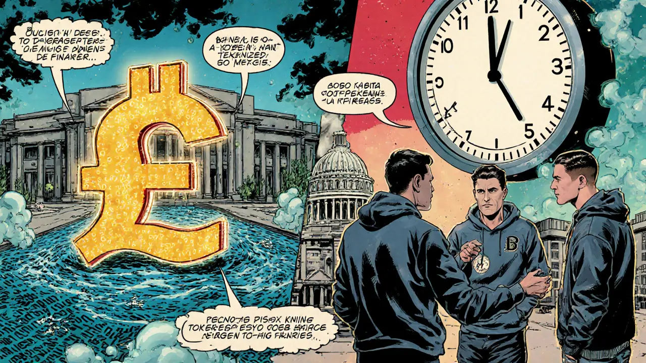 Split scene showing Mexico&#039;s digital peso and crypto startups amid ticking clock.