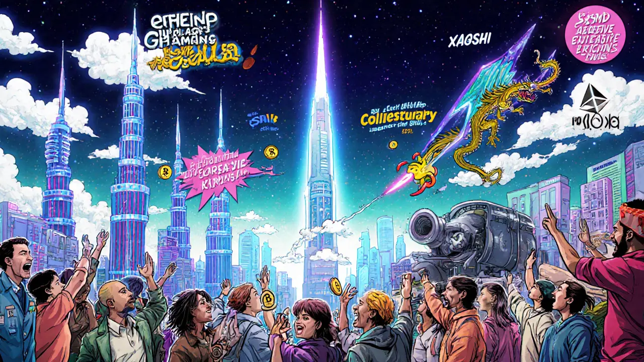 SushiSwap roadmap city with zkSync towers, Kashi dragons, and HAQQ spire glowing above diverse traders celebrating.