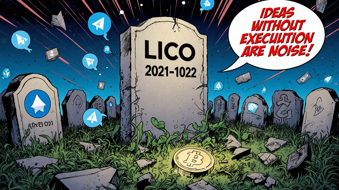 Tombstone for LICO in a crypto graveyard, single token fading at its base.