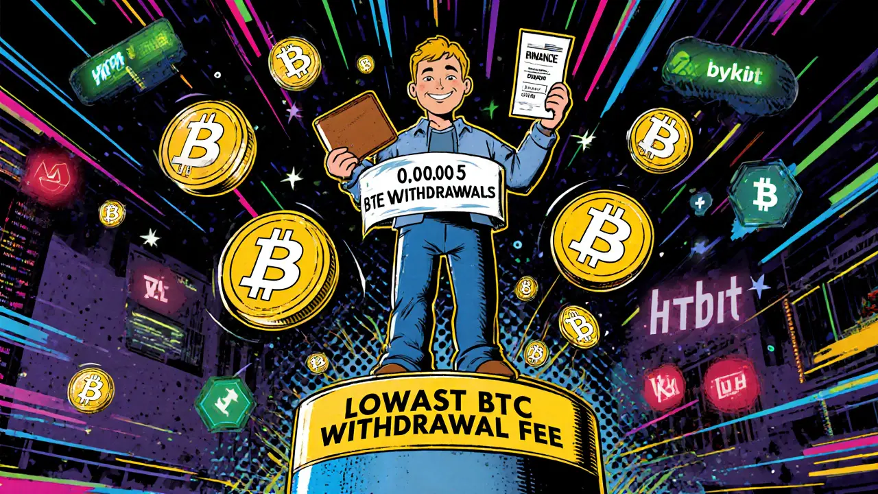 Trader celebrating low Bitcoin withdrawal fee with competing exchanges around