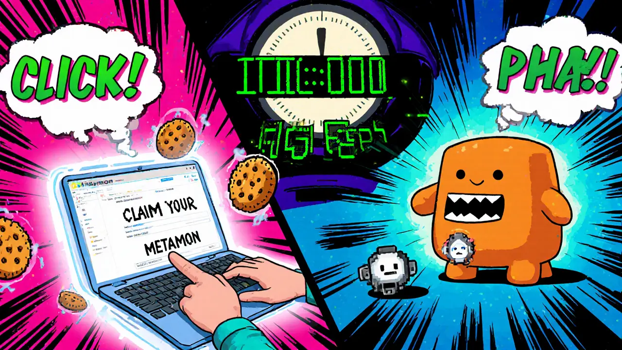 User claiming a Metamon NFT on a laptop as cookies fly out, with a countdown clock showing the airdrop deadline.