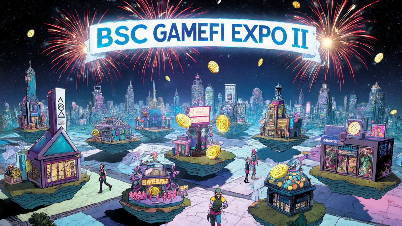 Vibrant 3D metaverse city with floating NFT islands, users trading tokens, and holographic event banner overhead.