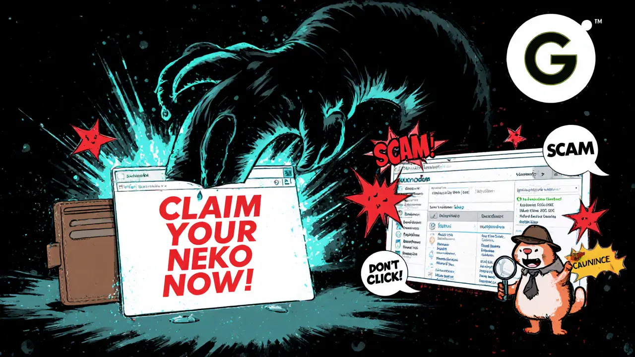 Wallet being drained by a scam popup while a detective cat verifies a real blockchain address.