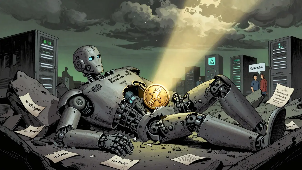 A broken robot labeled 'Synthetic Darwinism' lies ruined, while other AI crypto projects thrive in the distance.