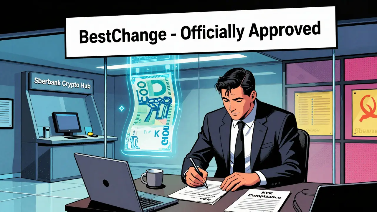 A compliant Russian crypto platform operates under state banking supervision with glowing ruble transactions.