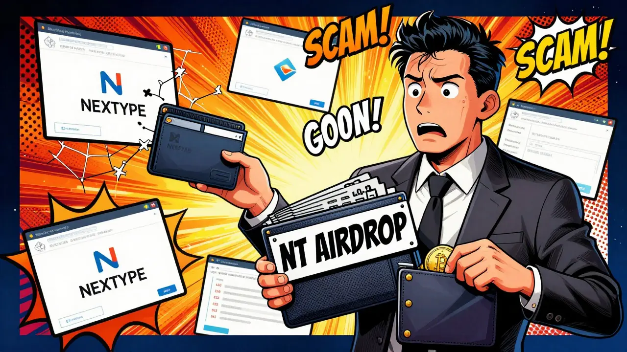 A confused investor connecting a wallet to fake NEXTYPE websites as coins are stolen from their pocket.
