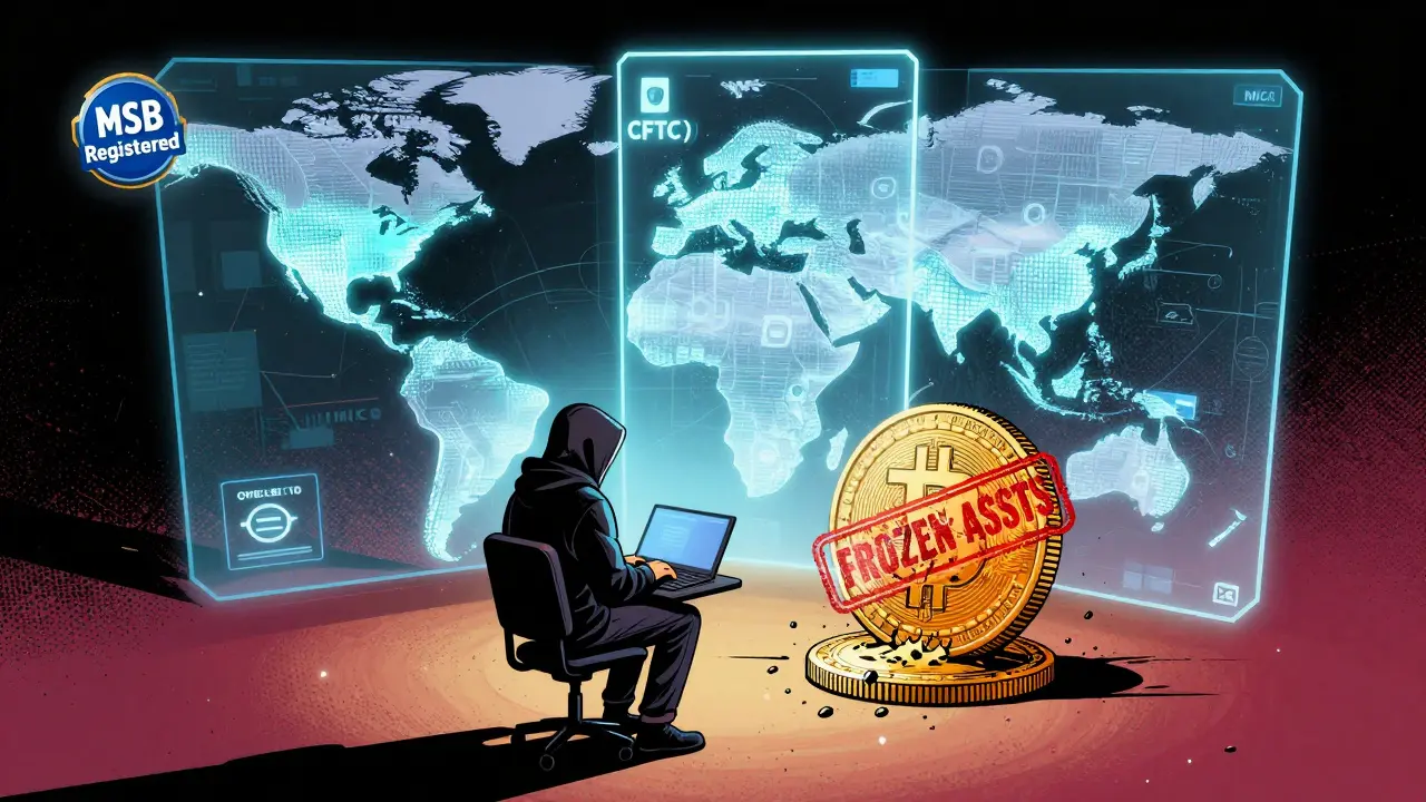 A developer surrounded by global regulators&#039; holograms, with a small compliance badge versus a crushing asset freeze.