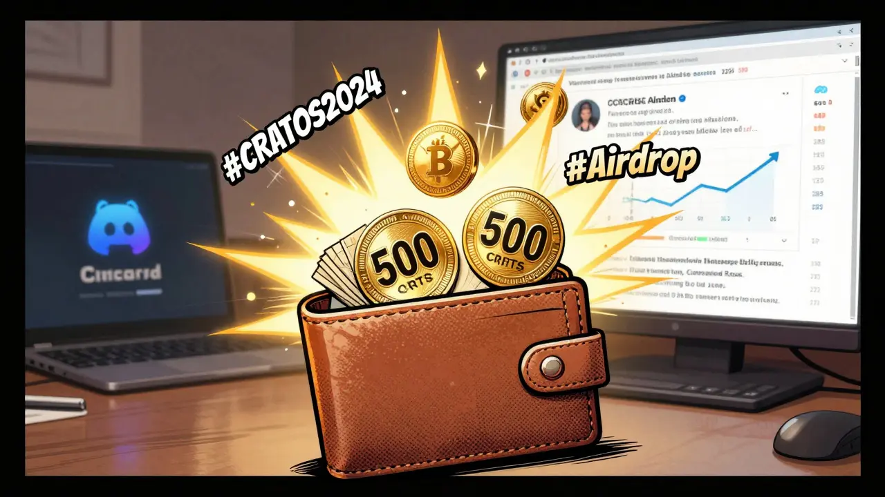 A digital wallet glowing with 500 CRTS tokens amid floating hashtags and community feeds.