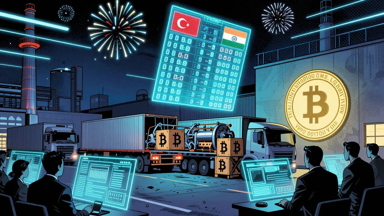 A factory exports machinery using legal crypto payments to international partners at night.