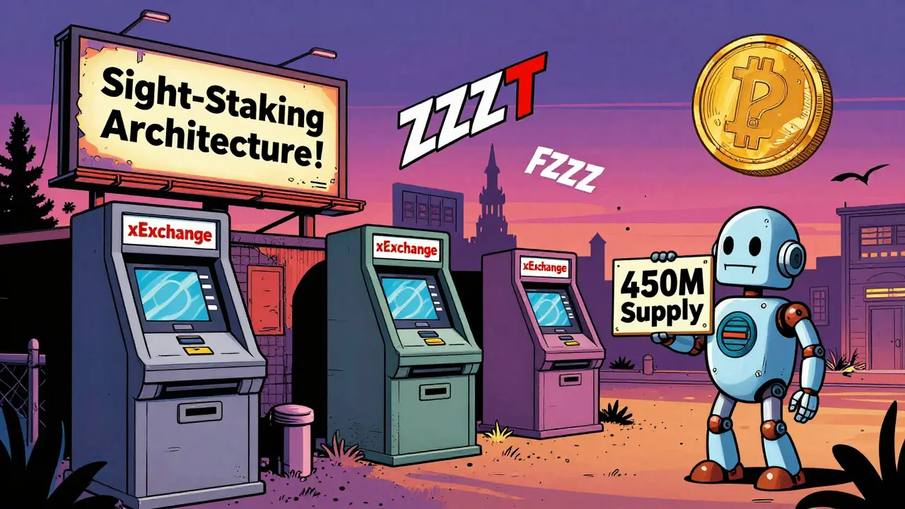 A ghost town of crypto symbols stands abandoned under a coin-shaped moon, symbolizing forgotten potential.