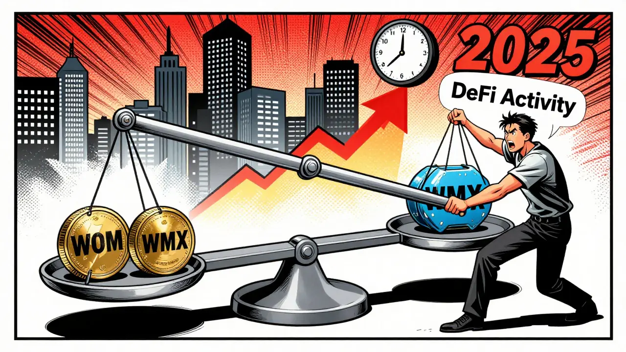 A giant scale balancing WOM and WMX tokens with rising charts and a deadline clock.