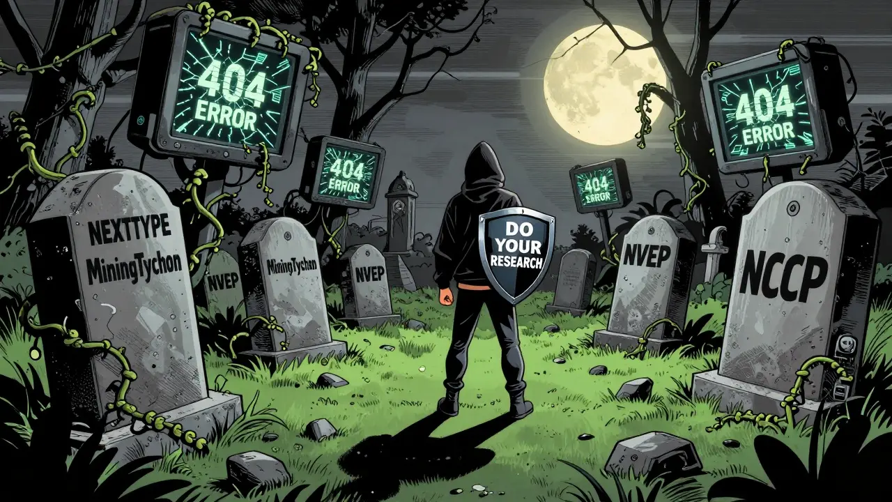 A graveyard of dead crypto projects with tombstones under a moonlit sky, a lone hero stands holding a research shield.